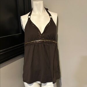 Victoria's Secret chocolate Brown Halter Top with gold tie back around neck